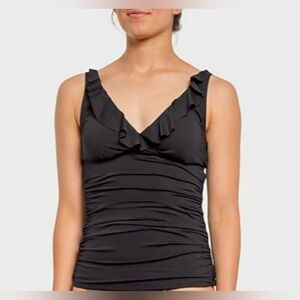 Chaps Women's Black Swim Suit V-Neck Ruffle Top W/Adjustable Strap (Size L)